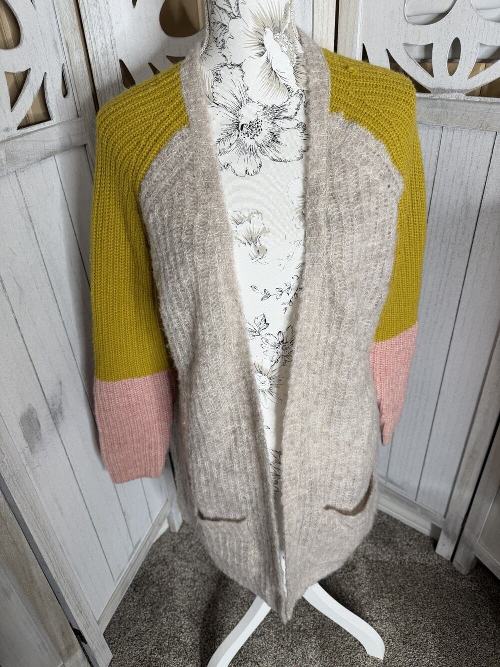 PEPIN Anthropologie Colorblock Cardigan Sweater Mustard Yellow Pink Size Small